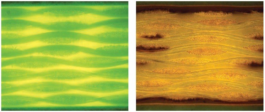 Obr. 8 Analýza metalografického výbrusu materiálu FR-4 (fluorescenční mikroskop Leica MPV-SP) - a) nový materiál, b) zrychleně stárnutý materiál (200 °C po dobu 30 hodin).